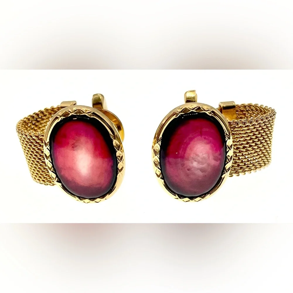 Vintage Gold Tone Mesh Wrap Around Cufflinks Red Cabochon Center